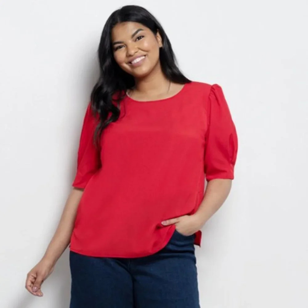 Eloquii Red Puff Sleeve Ponte Top in Size 18